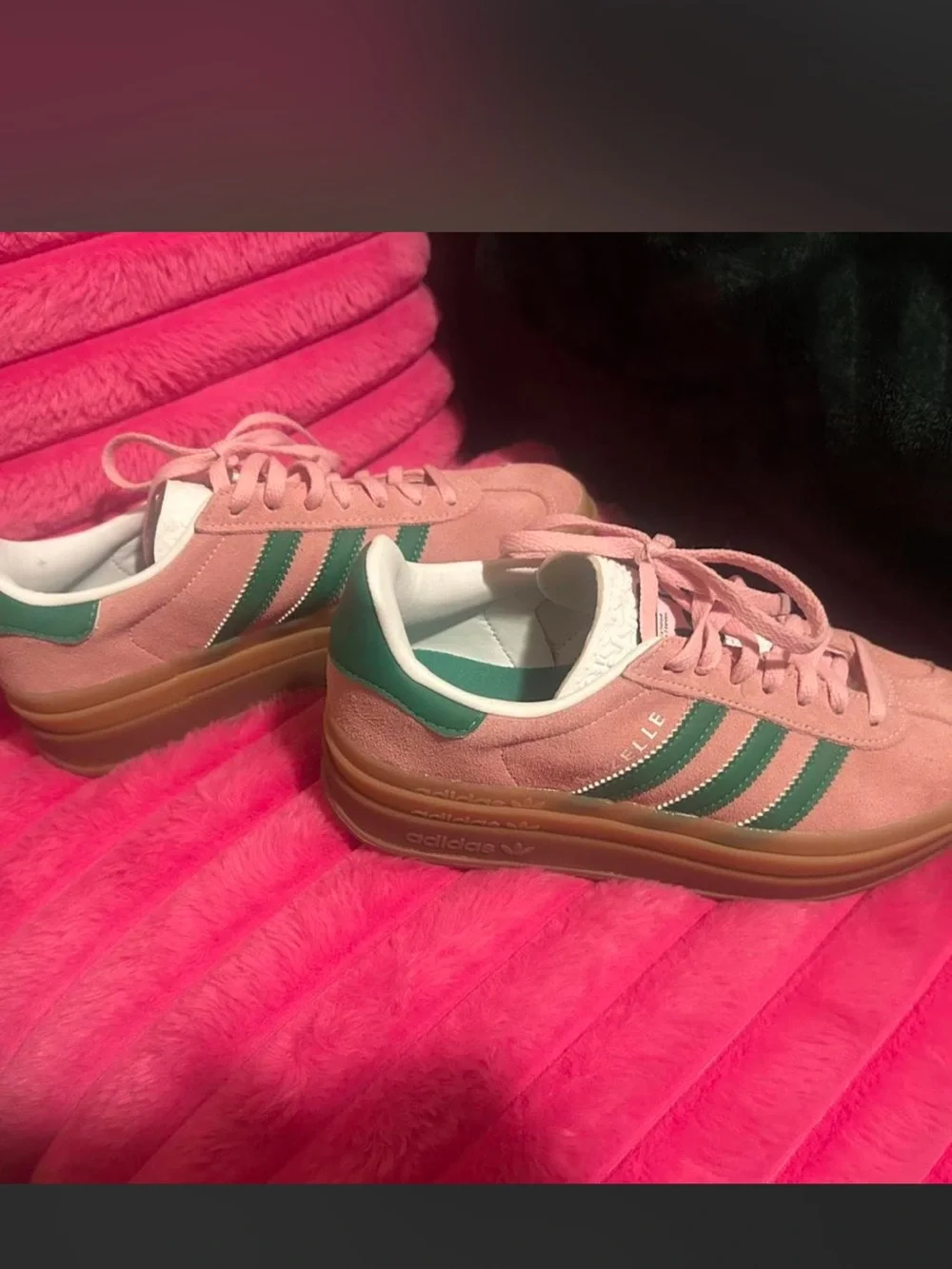 adidas Pink Suede Platform Sneakers with Green Stripes